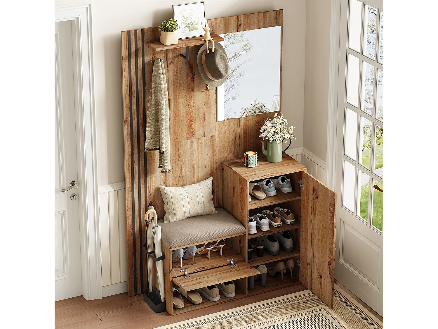 Inkomhal garderobeset 115x37x185 cm - met spiegel en haken - met gestoffeerd zitje - Paraplubak - Natuur