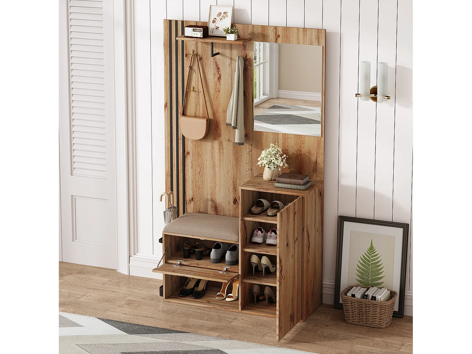 Inkomhal garderobeset 115x37x185 cm - met spiegel en haken - met gestoffeerd zitje - Paraplubak - Natuur