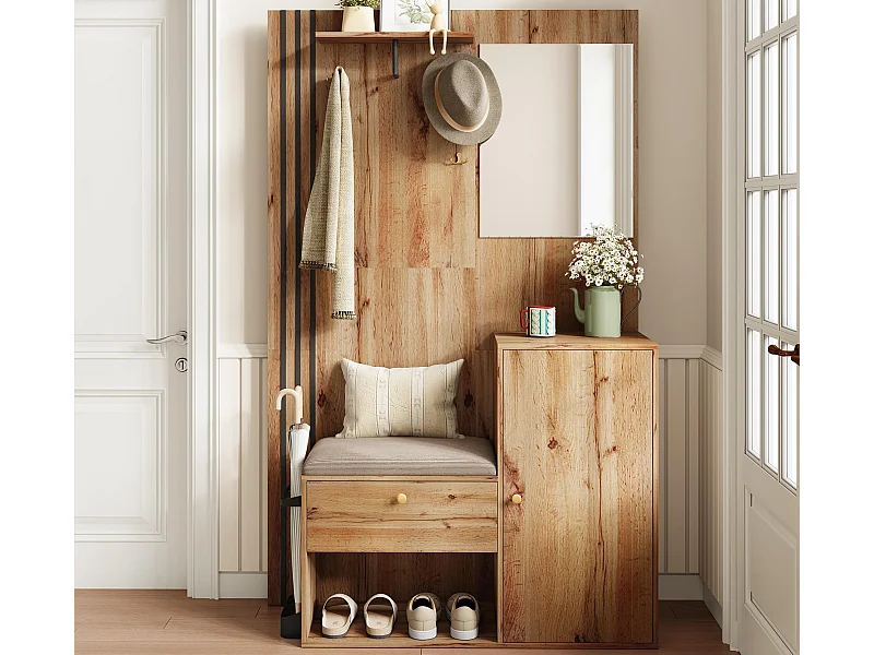Conjunto de vestiário de entrada 115x37x185 cm - com espelho e ganchos - com assento acolchoado - Guarda-chuva - Natural
