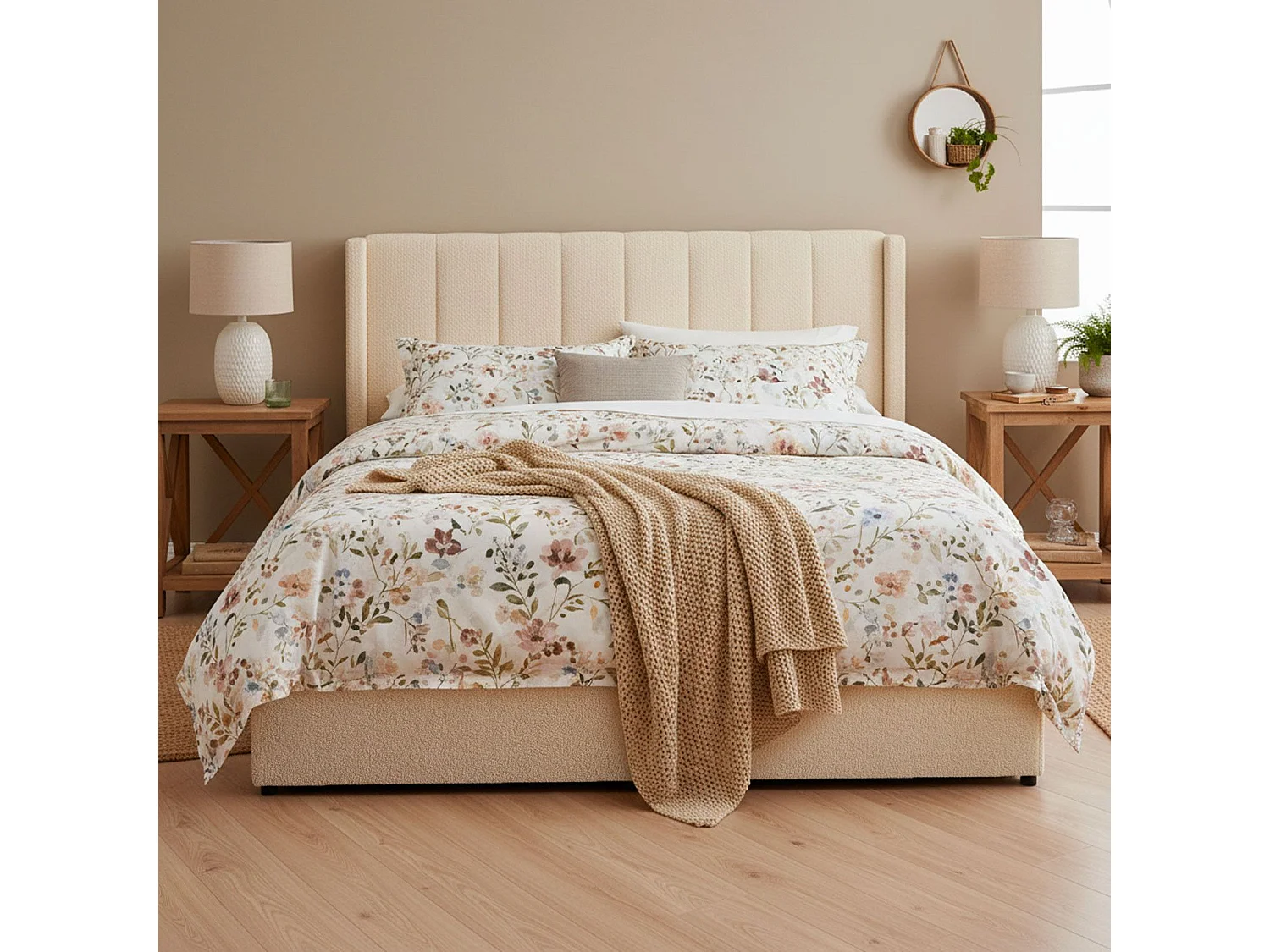 Lit double Magorial avec sommier relevable 180x200cm Tissu Bouclette Crème