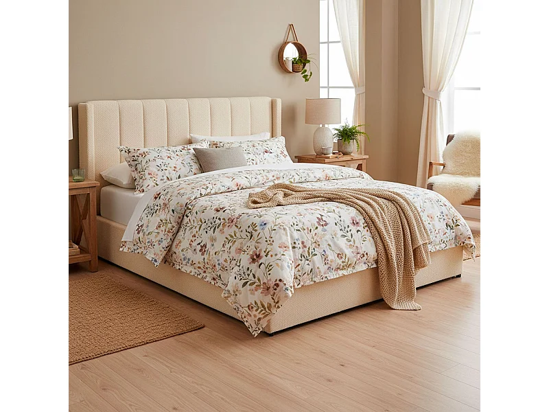 Lit double Magorial avec sommier relevable 180x200cm Tissu Bouclette Crème