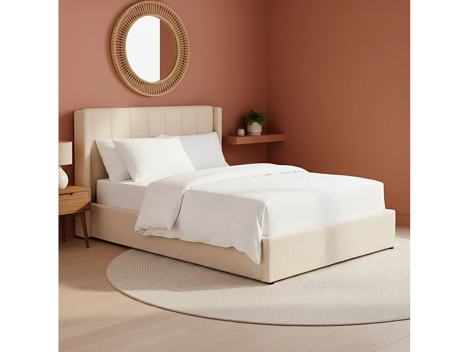 Lit double Magorial avec sommier relevable 160x200cm Tissu Bouclette Crème