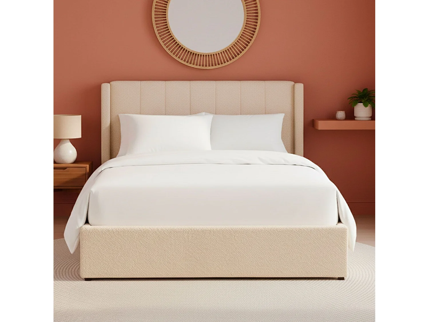 Lit double Magorial avec sommier relevable 160x200cm Tissu Bouclette Crème