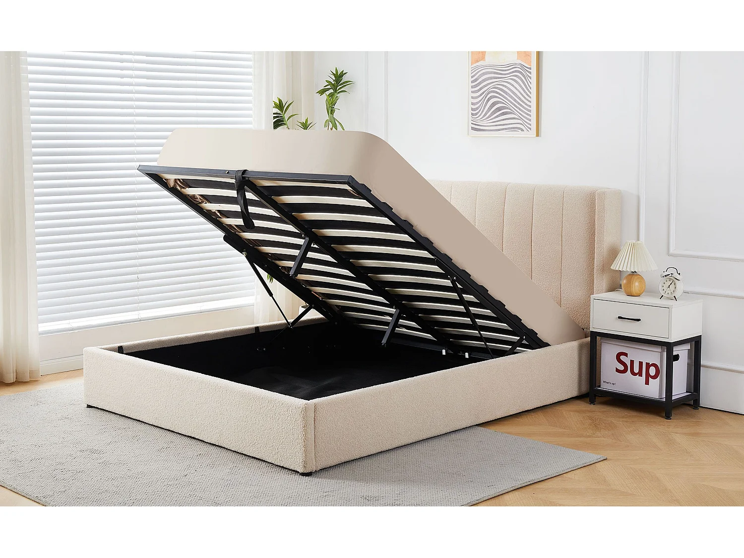 Lit double Magorial avec sommier relevable 160x200cm Tissu Bouclette Crème