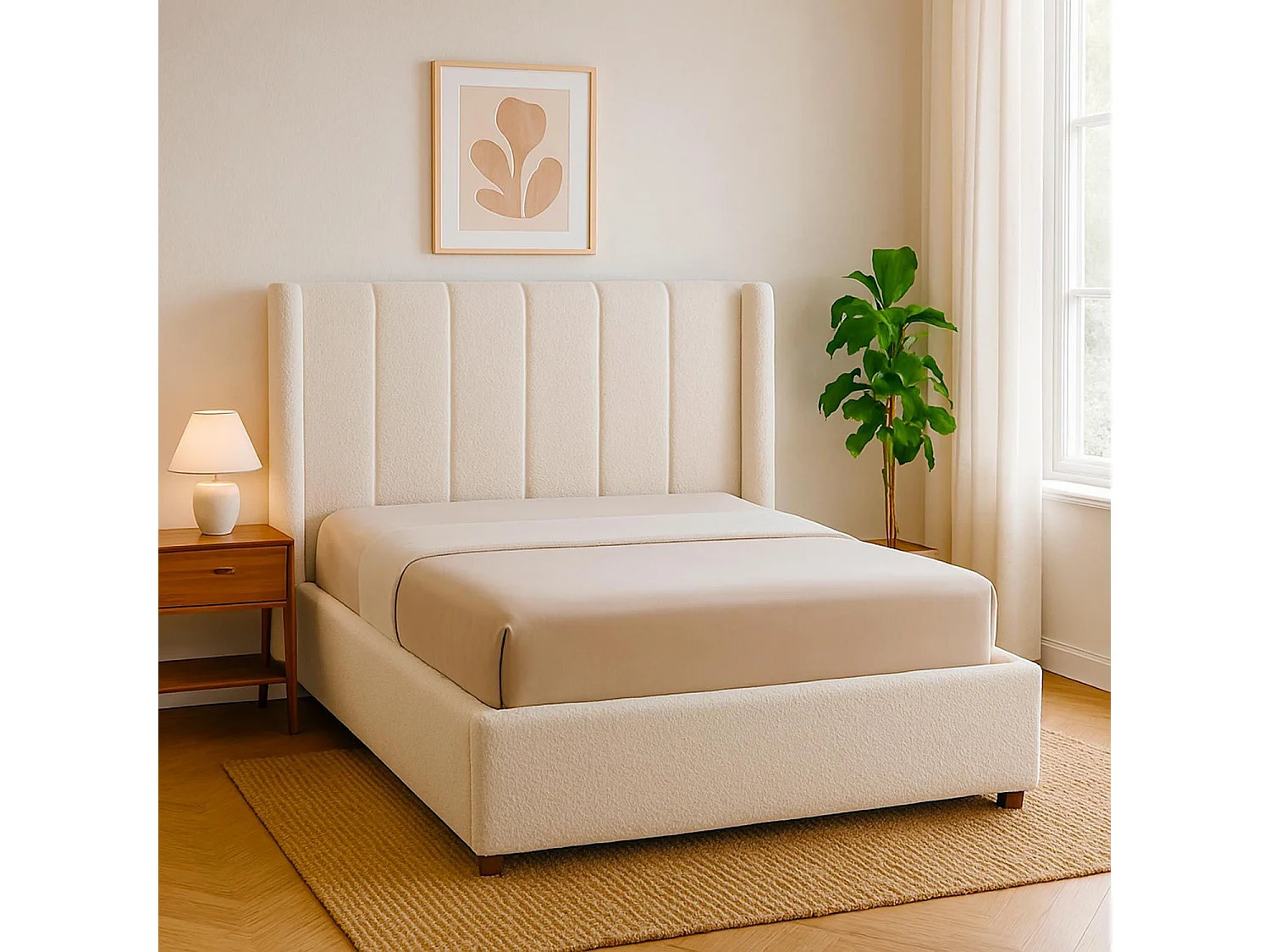 Lit double Magorial avec sommier relevable 140x190cm Tissu bouclette Crème