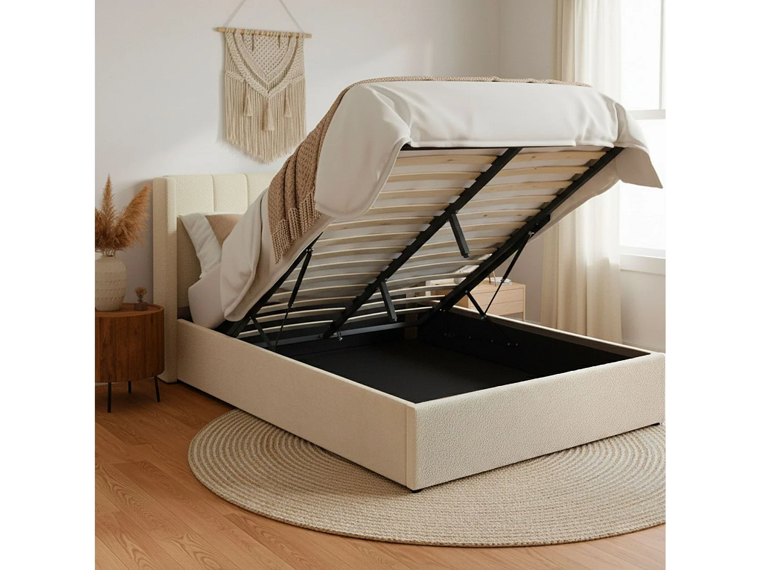 Lit double Magorial avec sommier relevable 140x190cm Tissu bouclette Crème