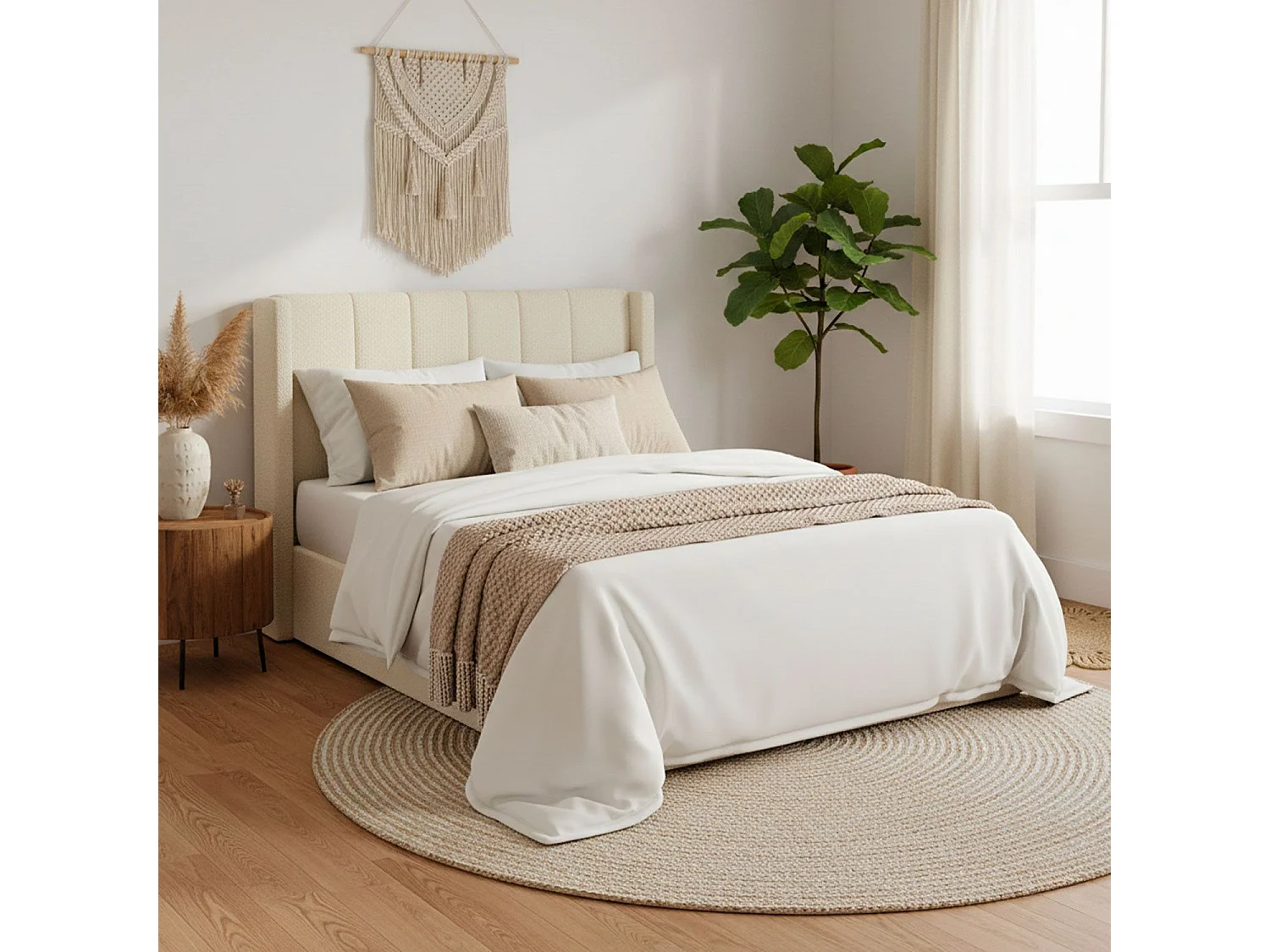 Lit double Magorial avec sommier relevable 140x190cm Tissu bouclette Crème