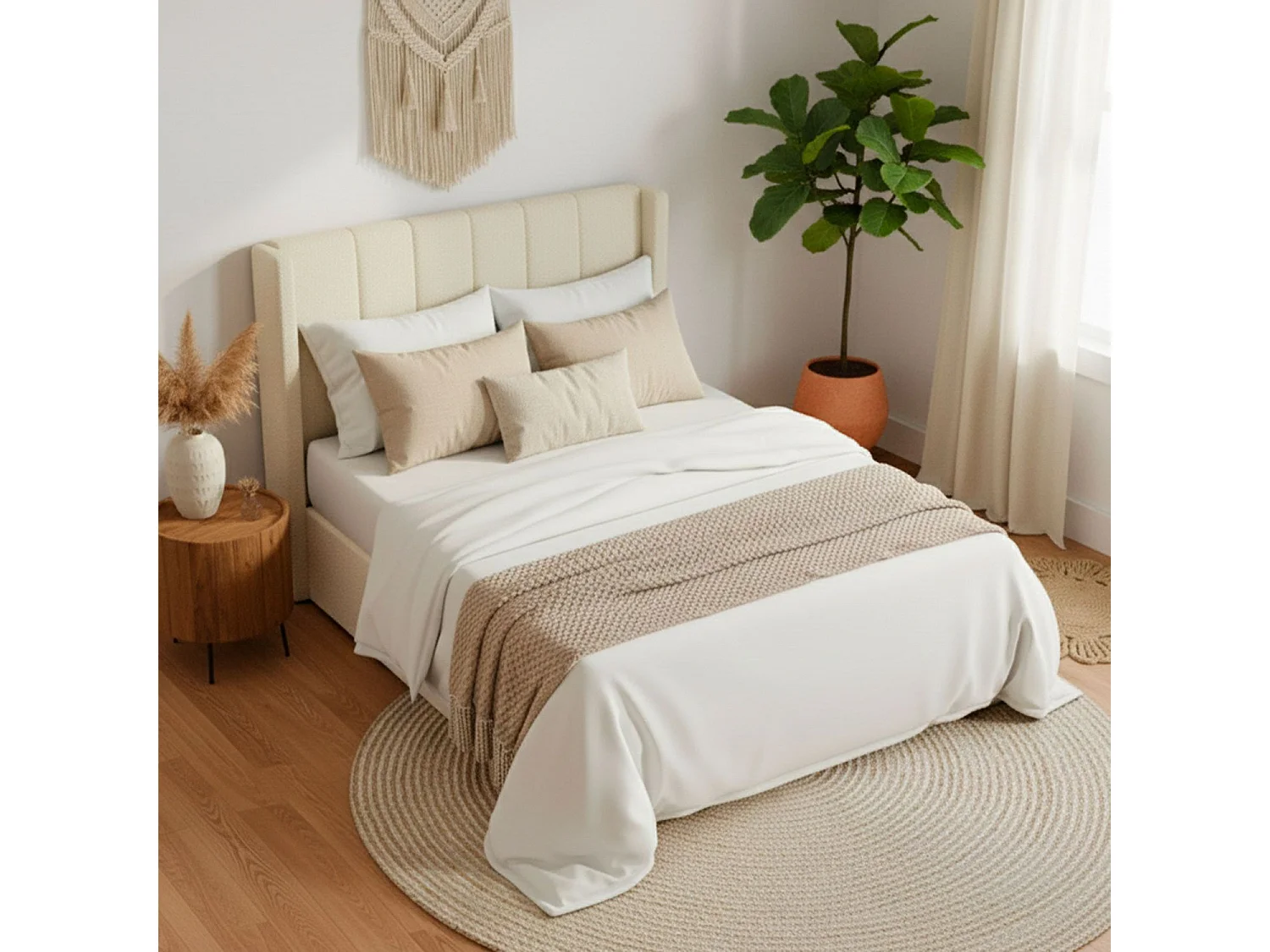 Lit double Magorial avec sommier relevable 140x190cm Tissu bouclette Crème