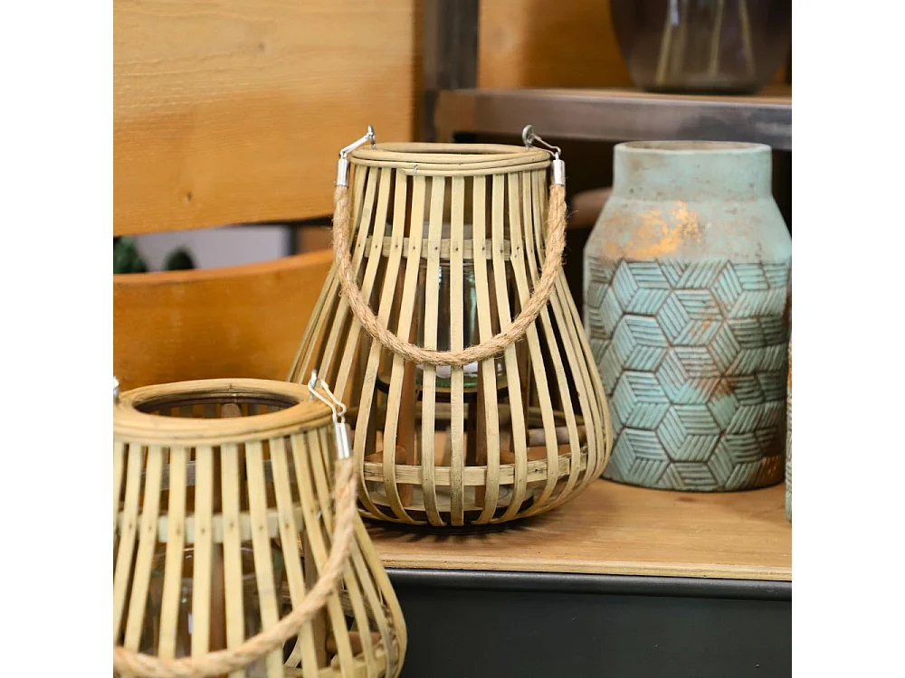 Lanterne jardin extérieur à poser bougie ancienne rotin naturel 24cm