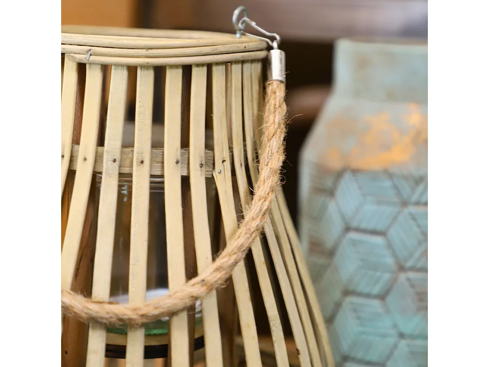Lanterne jardin extérieur à poser bougie ancienne rotin naturel 24cm