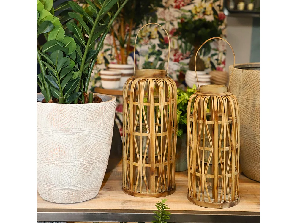 Lanterne jardin extérieur à poser bougie ancienne rotin naturel 44cm