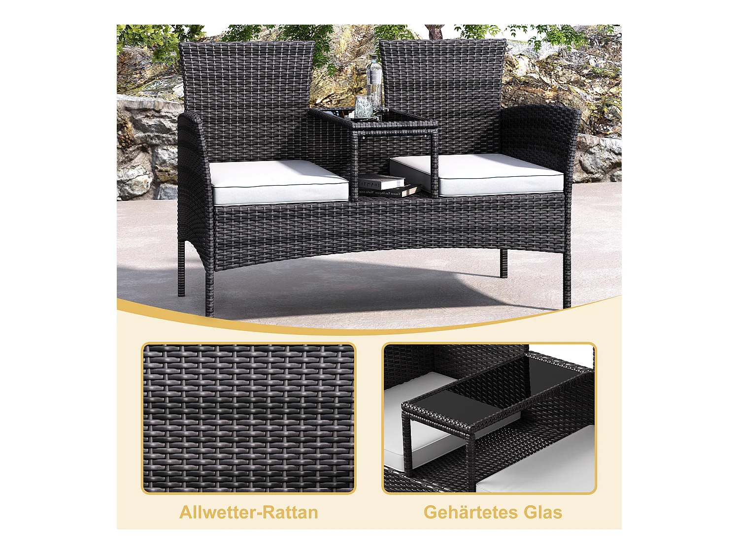 Chaise double d’extérieur en rotin avec table en verre trempé, ensemble de conversation moderne pour jardin, pelouse et arrière-cour (blanc).