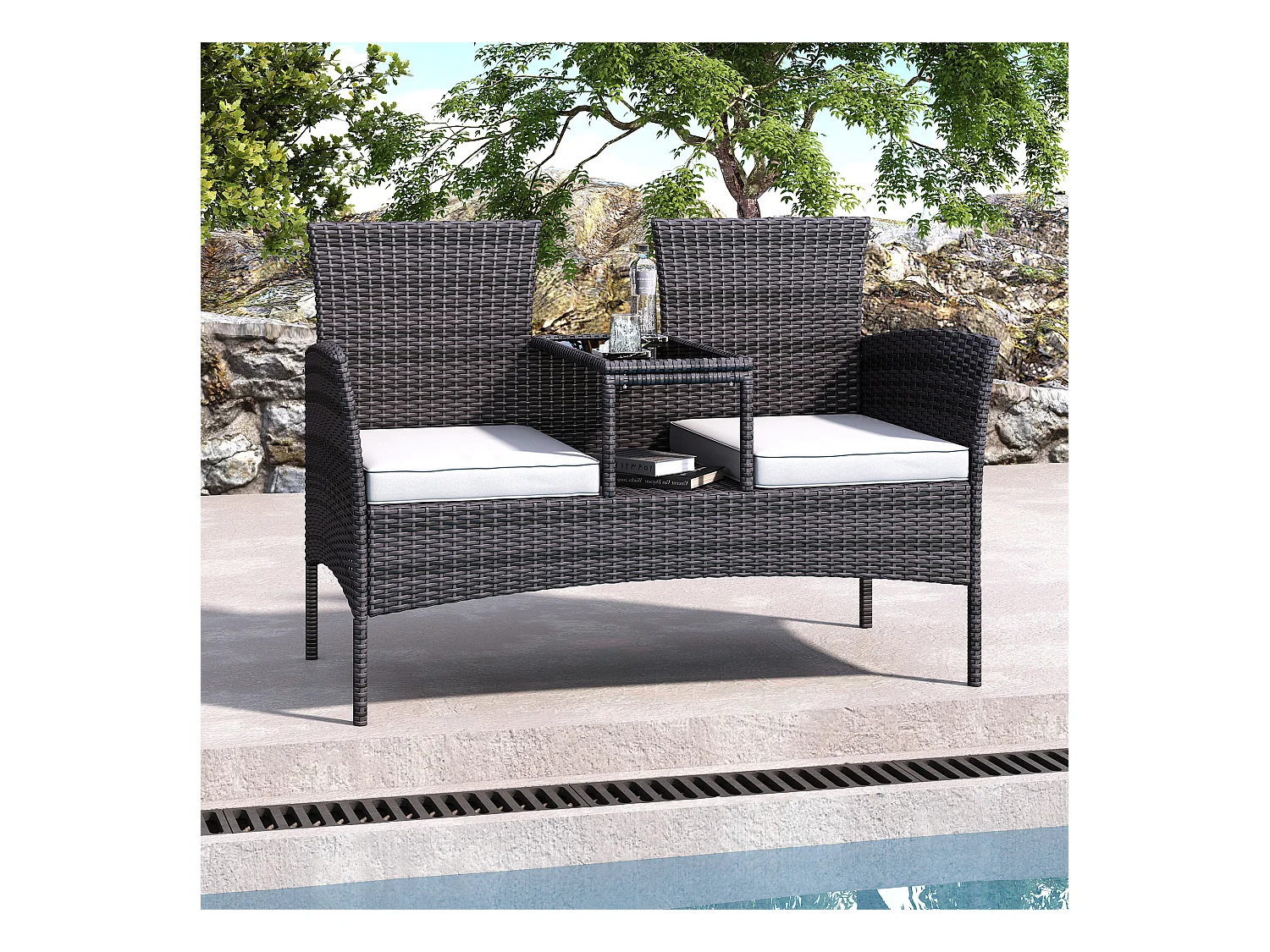 Chaise double d’extérieur en rotin avec table en verre trempé, ensemble de conversation moderne pour jardin, pelouse et arrière-cour (blanc).