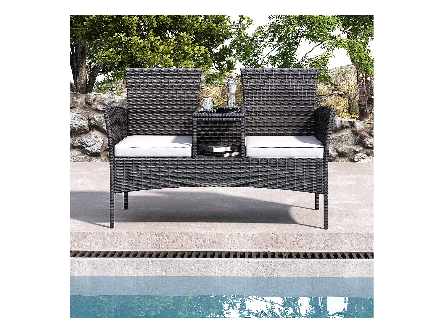 Chaise double d’extérieur en rotin avec table en verre trempé, ensemble de conversation moderne pour jardin, pelouse et arrière-cour (blanc).