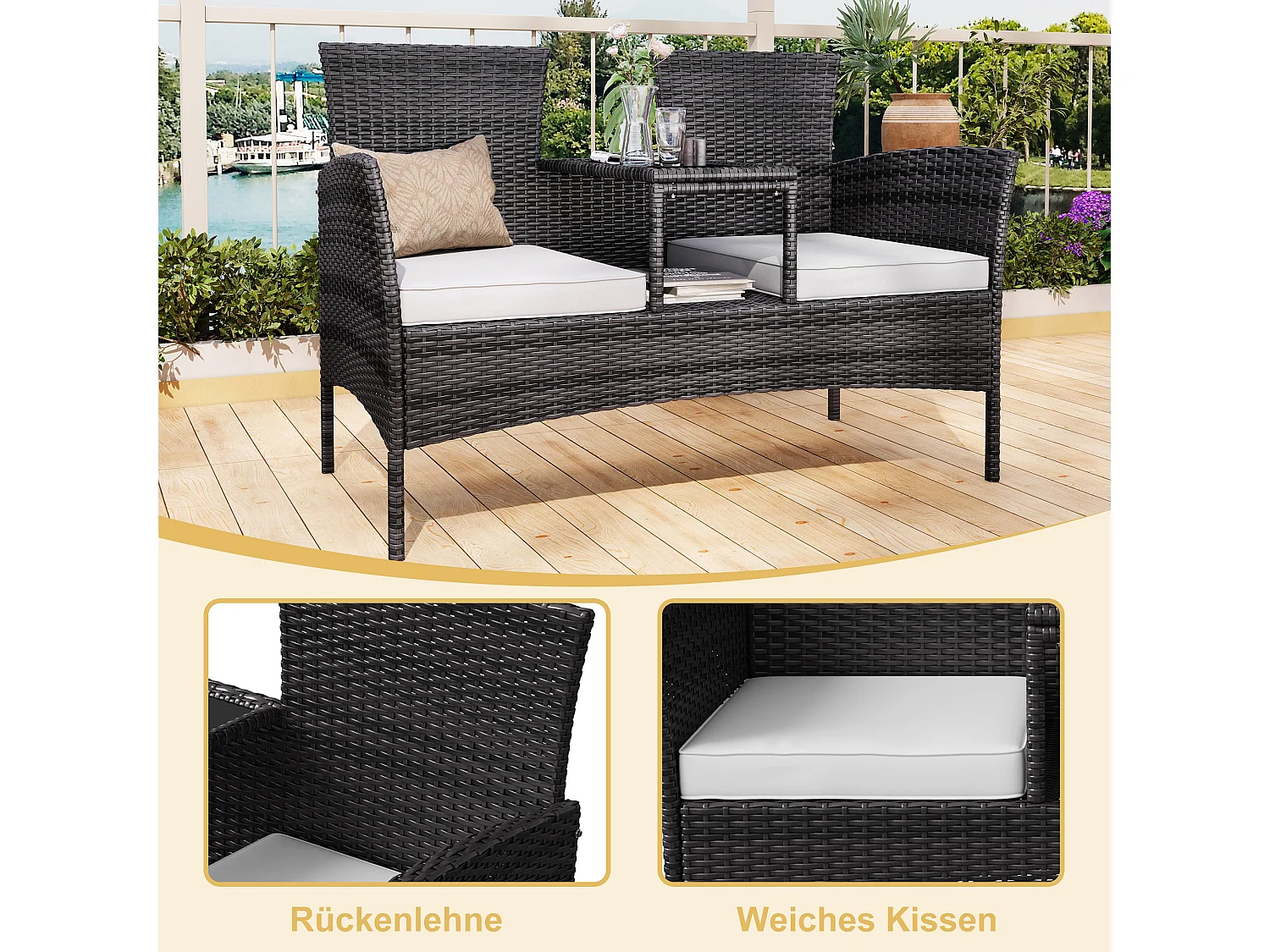 Chaise double d’extérieur en rotin avec table en verre trempé, ensemble de conversation moderne pour jardin, pelouse et arrière-cour (blanc).