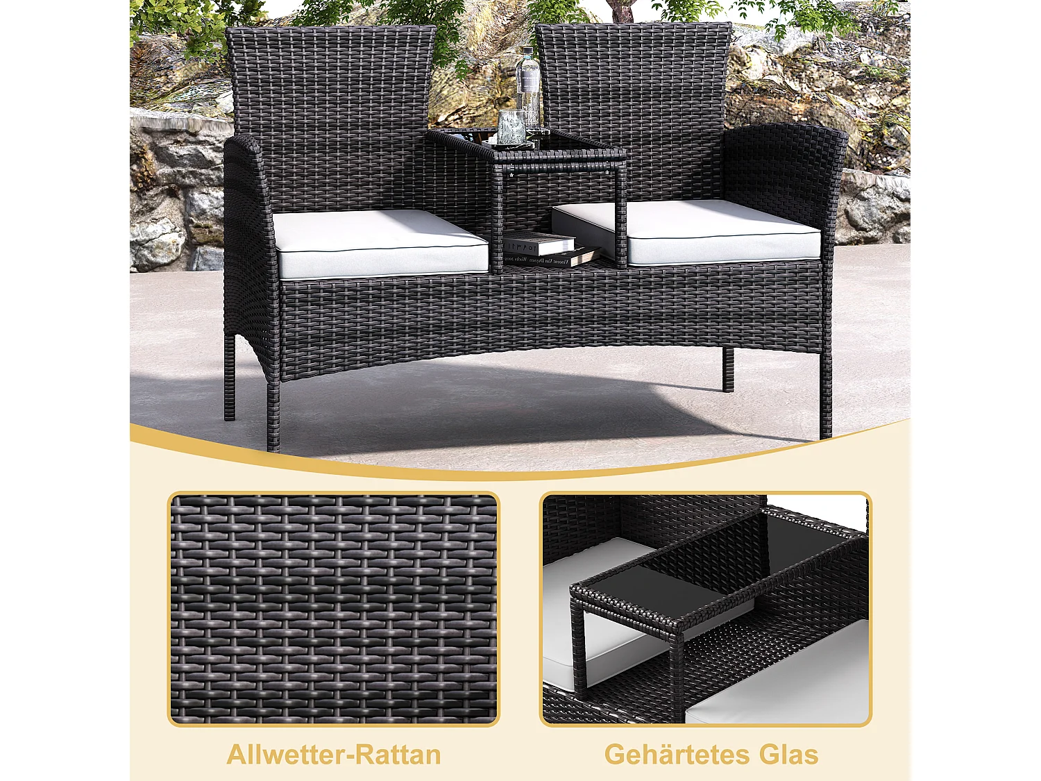 Chaise double d’extérieur en rotin avec table en verre trempé, ensemble de conversation moderne pour jardin, pelouse et arrière-cour (blanc).