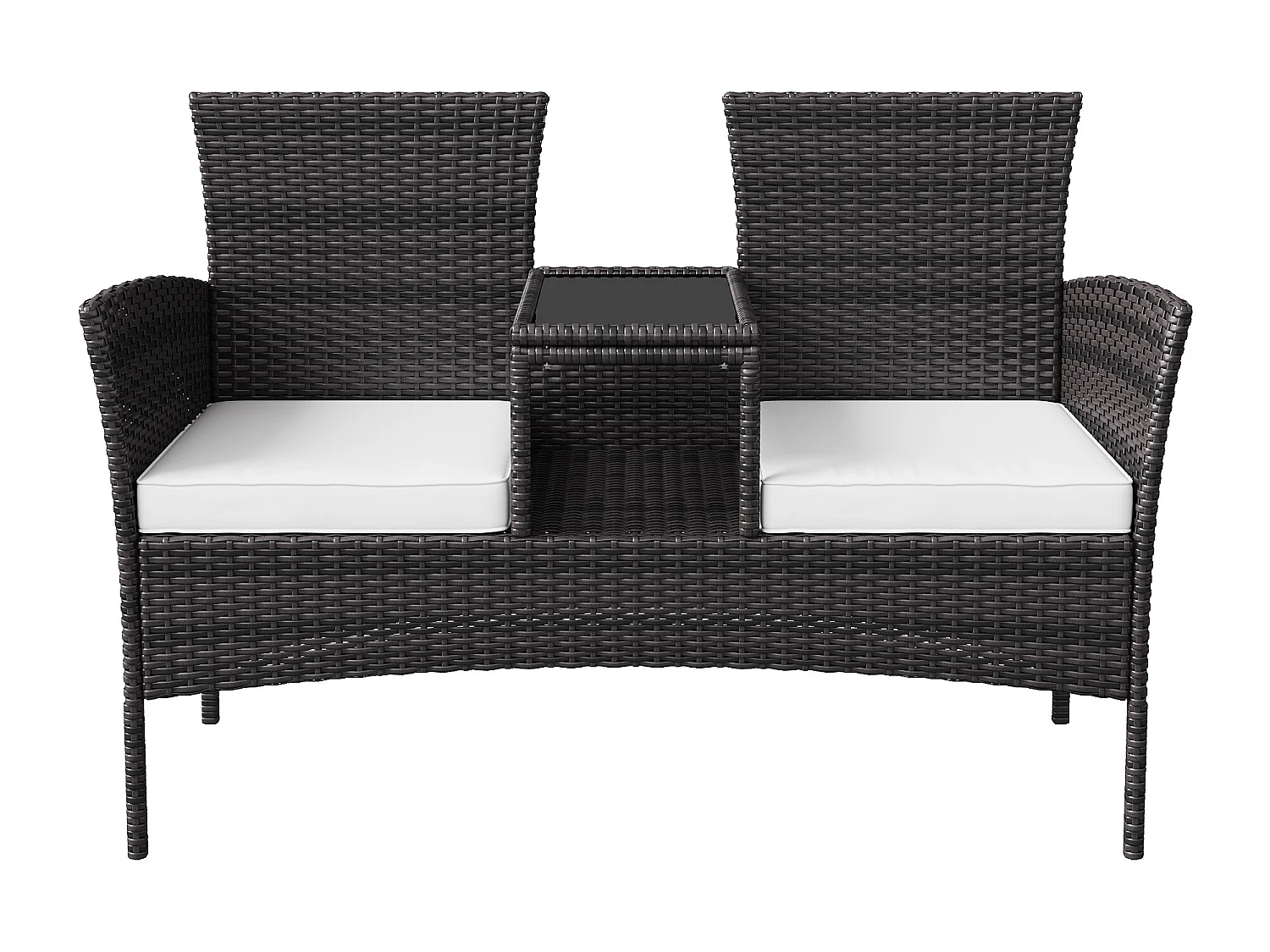 Chaise double d’extérieur en rotin avec table en verre trempé, ensemble de conversation moderne pour jardin, pelouse et arrière-cour (blanc).