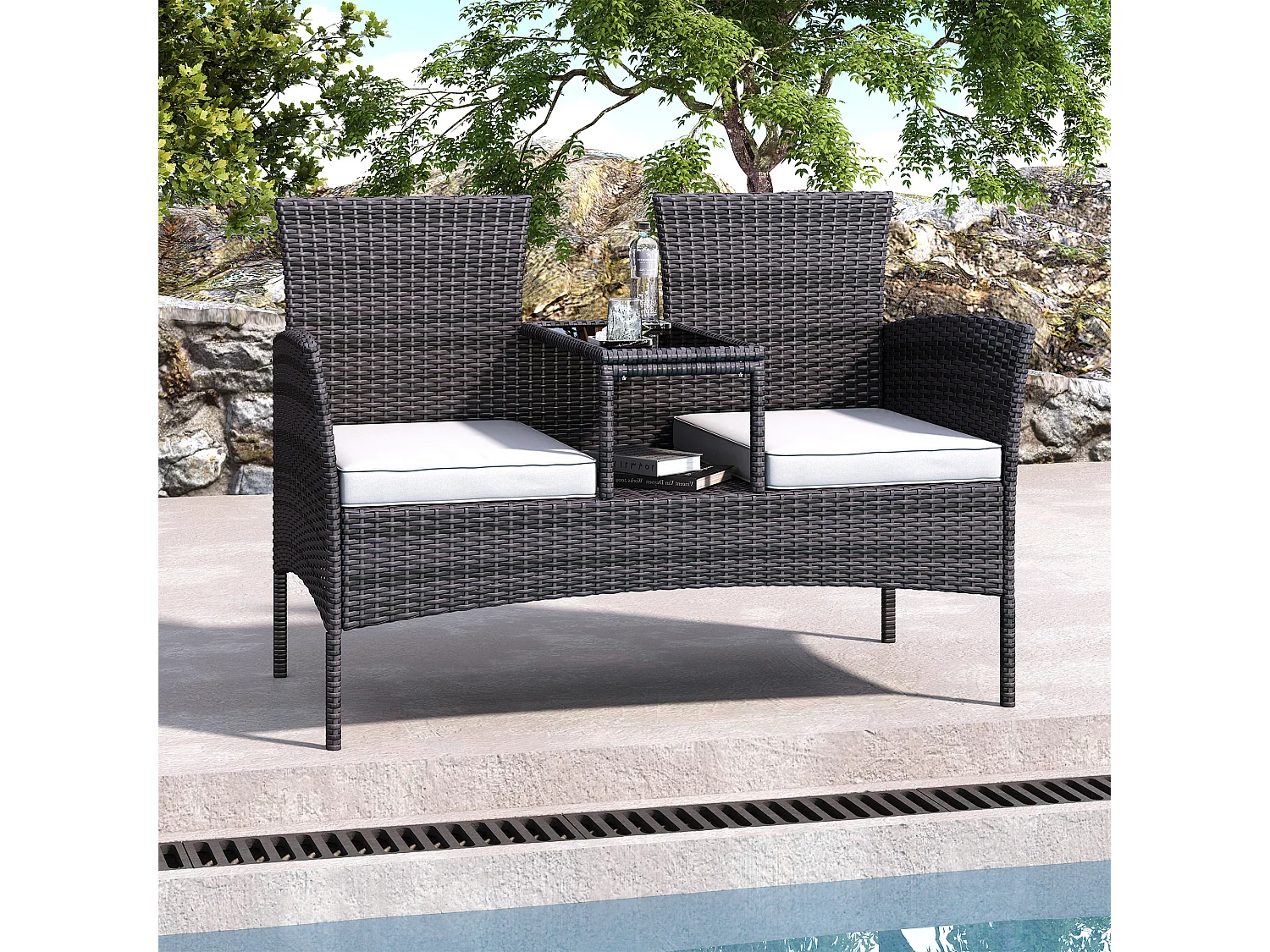 Chaise double d’extérieur en rotin avec table en verre trempé, ensemble de conversation moderne pour jardin, pelouse et arrière-cour (blanc).