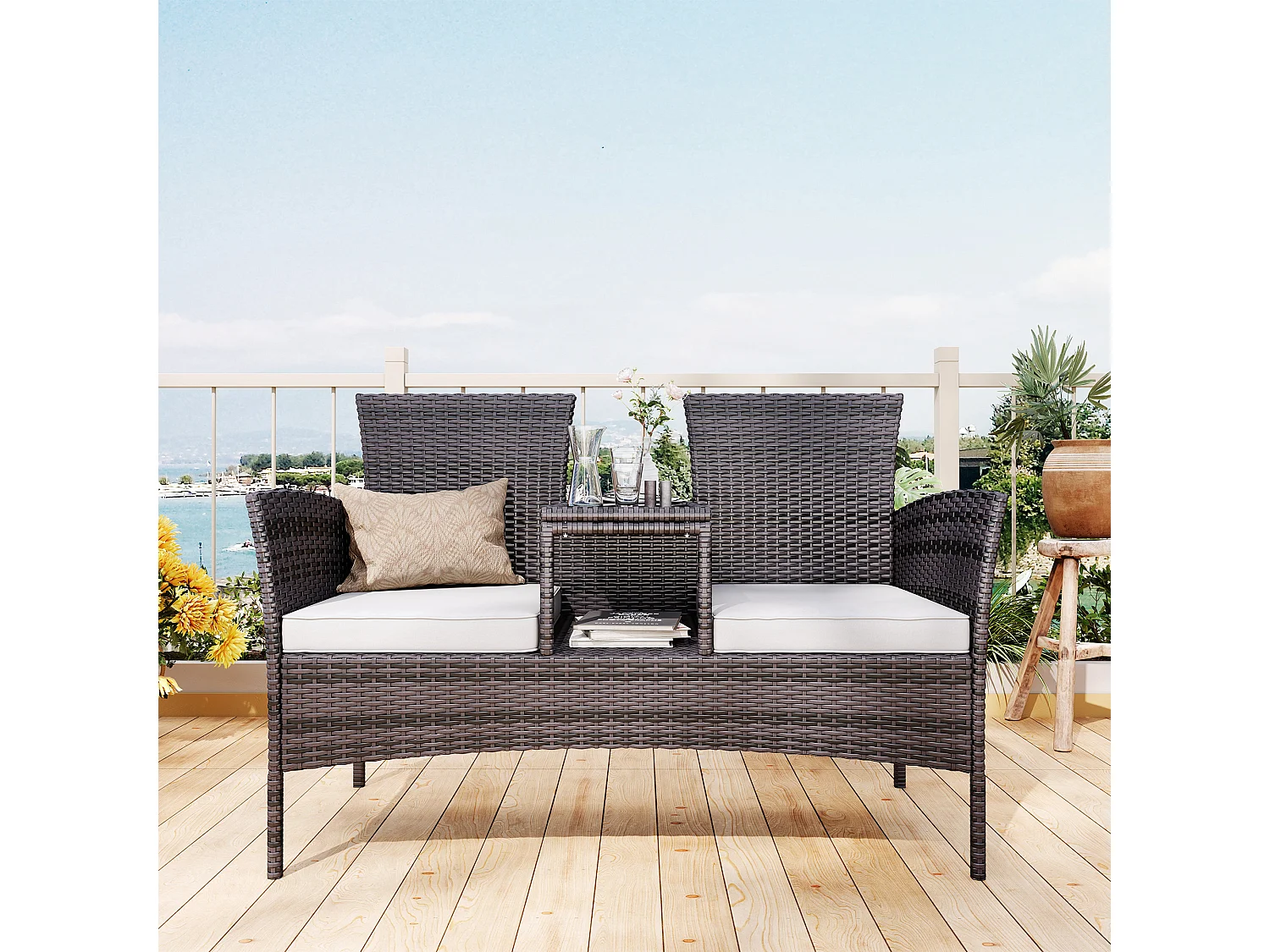 Chaise double d’extérieur en rotin avec table en verre trempé, ensemble de conversation moderne pour jardin, pelouse et arrière-cour (blanc).