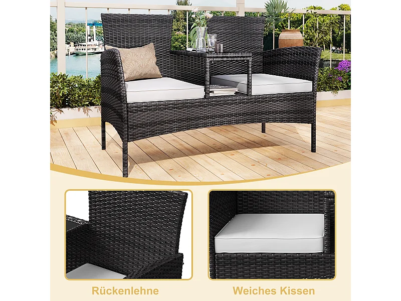 Chaise double d’extérieur en rotin avec table en verre trempé, ensemble de conversation moderne pour jardin, pelouse et arrière-cour (blanc).