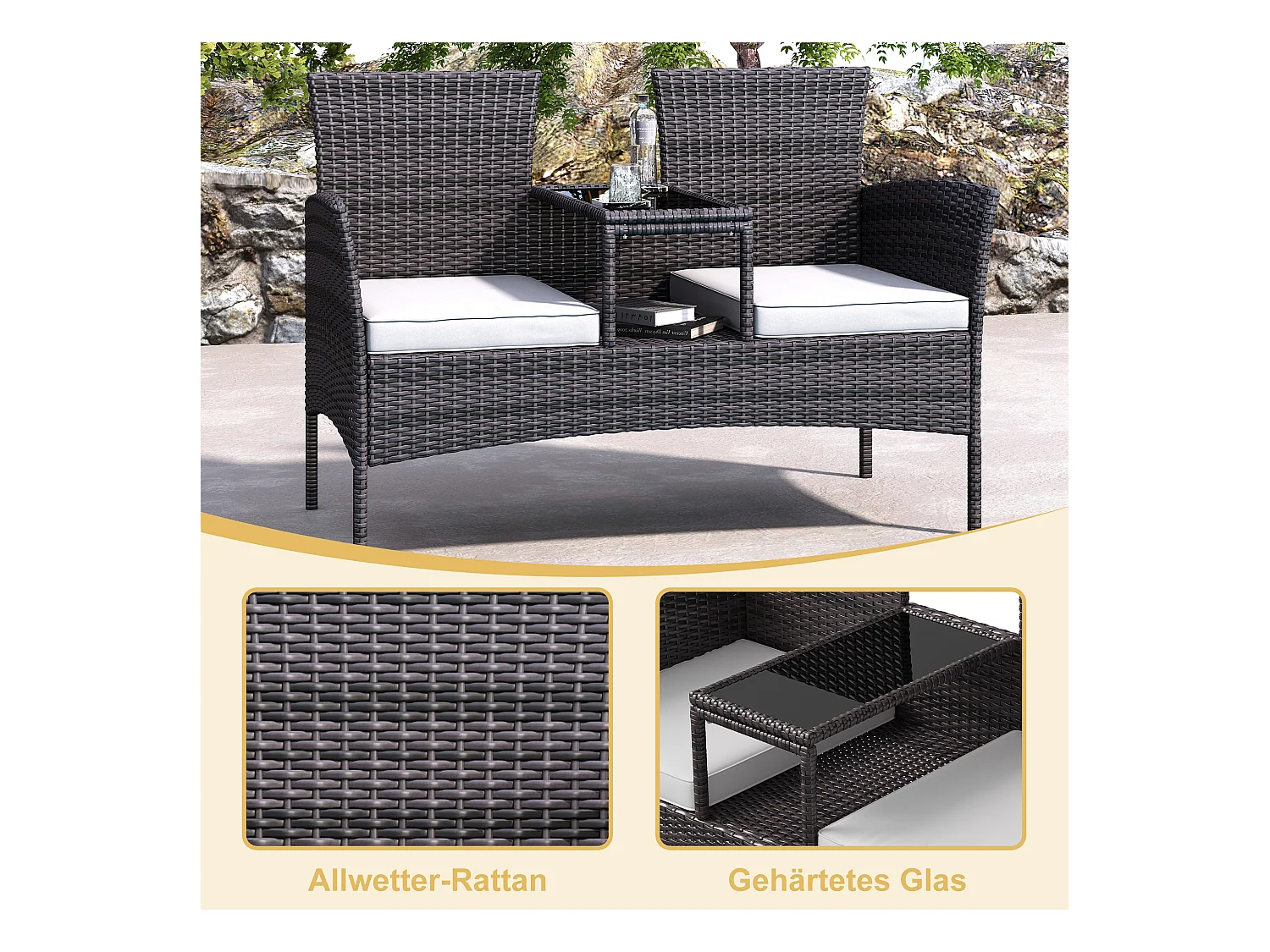 Chaise double d’extérieur en rotin avec table en verre trempé, ensemble de conversation moderne pour jardin, pelouse et arrière-cour (marron).