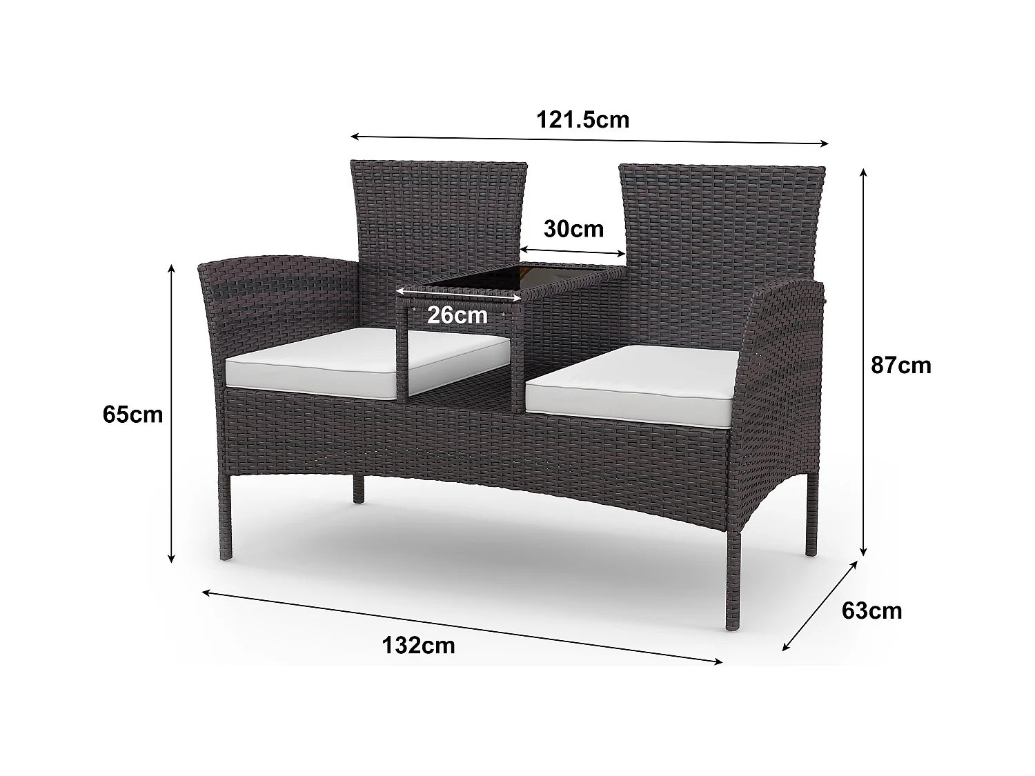 Chaise double d’extérieur en rotin avec table en verre trempé, ensemble de conversation moderne pour jardin, pelouse et arrière-cour (marron).