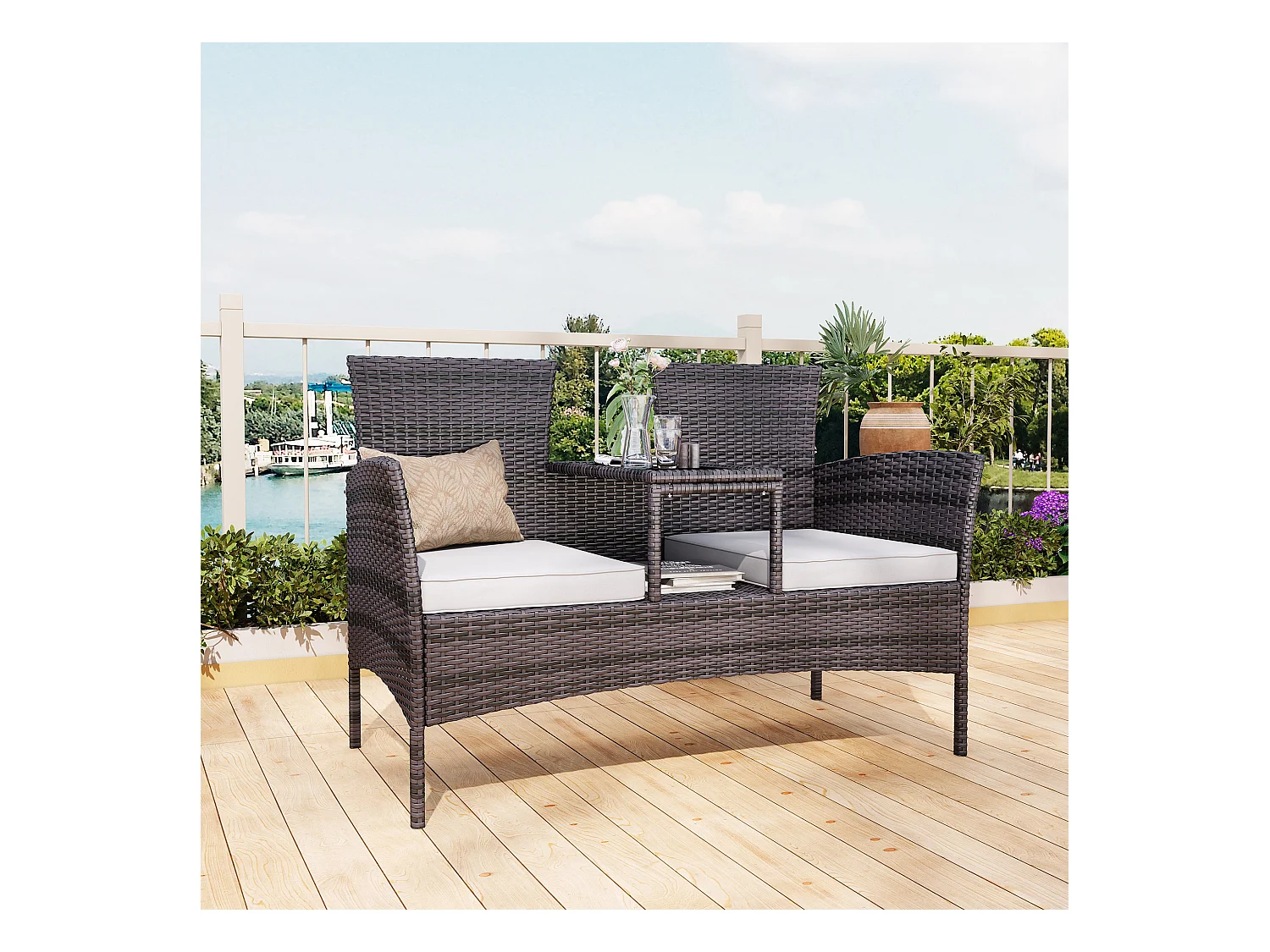 Chaise double d’extérieur en rotin avec table en verre trempé, ensemble de conversation moderne pour jardin, pelouse et arrière-cour (marron).