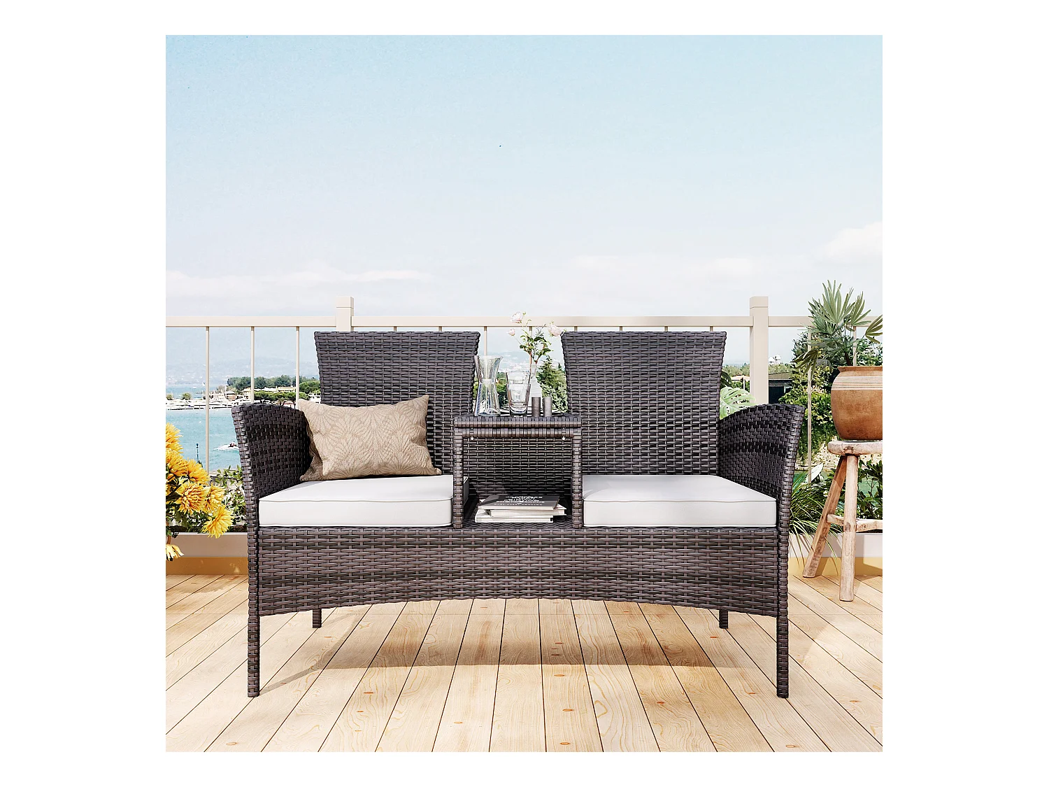 Chaise double d’extérieur en rotin avec table en verre trempé, ensemble de conversation moderne pour jardin, pelouse et arrière-cour (marron).