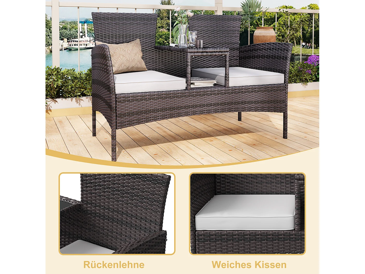 Chaise double d’extérieur en rotin avec table en verre trempé, ensemble de conversation moderne pour jardin, pelouse et arrière-cour (marron).