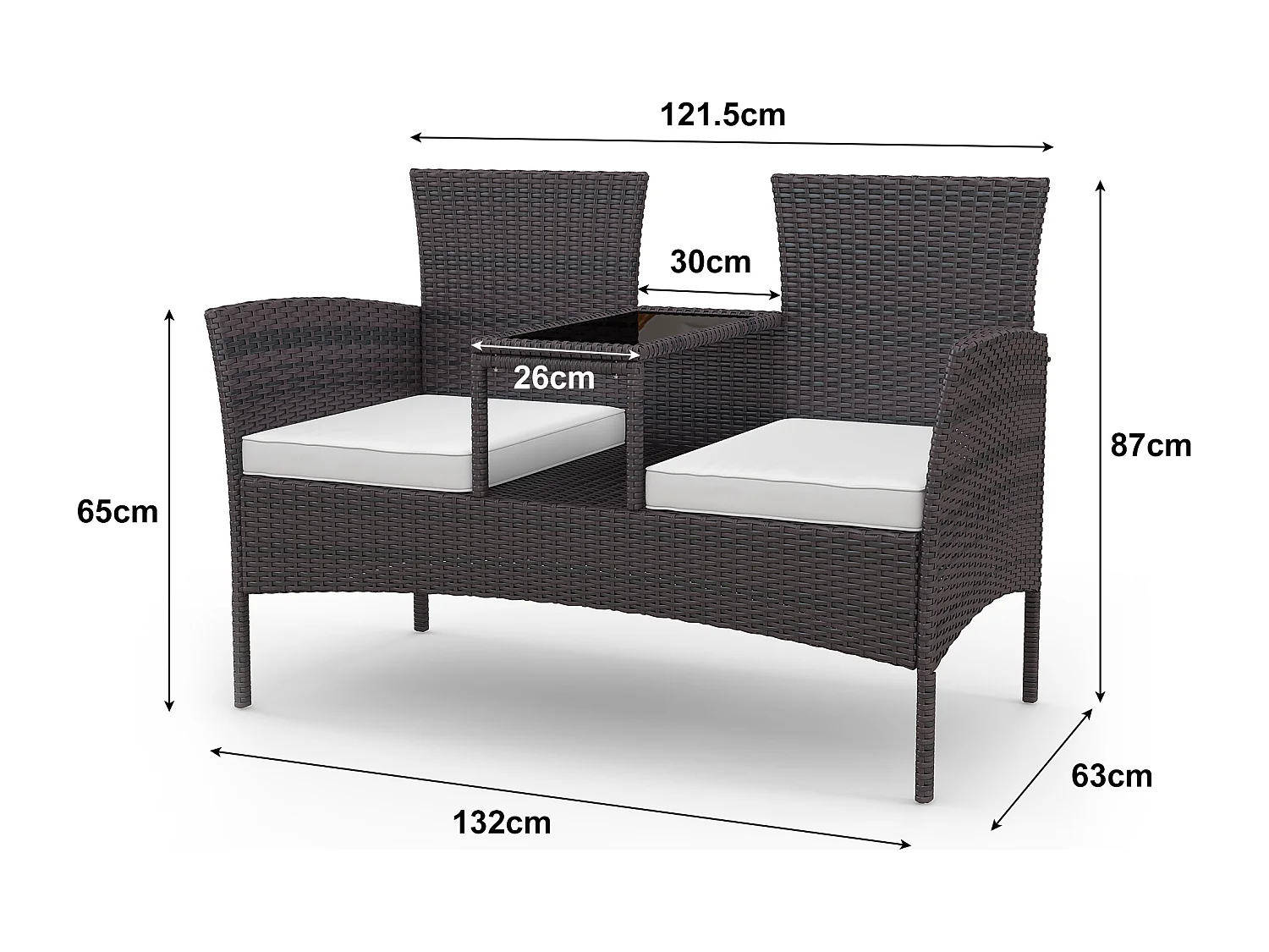 Chaise double d’extérieur en rotin avec table en verre trempé, ensemble de conversation moderne pour jardin, pelouse et arrière-cour (marron).