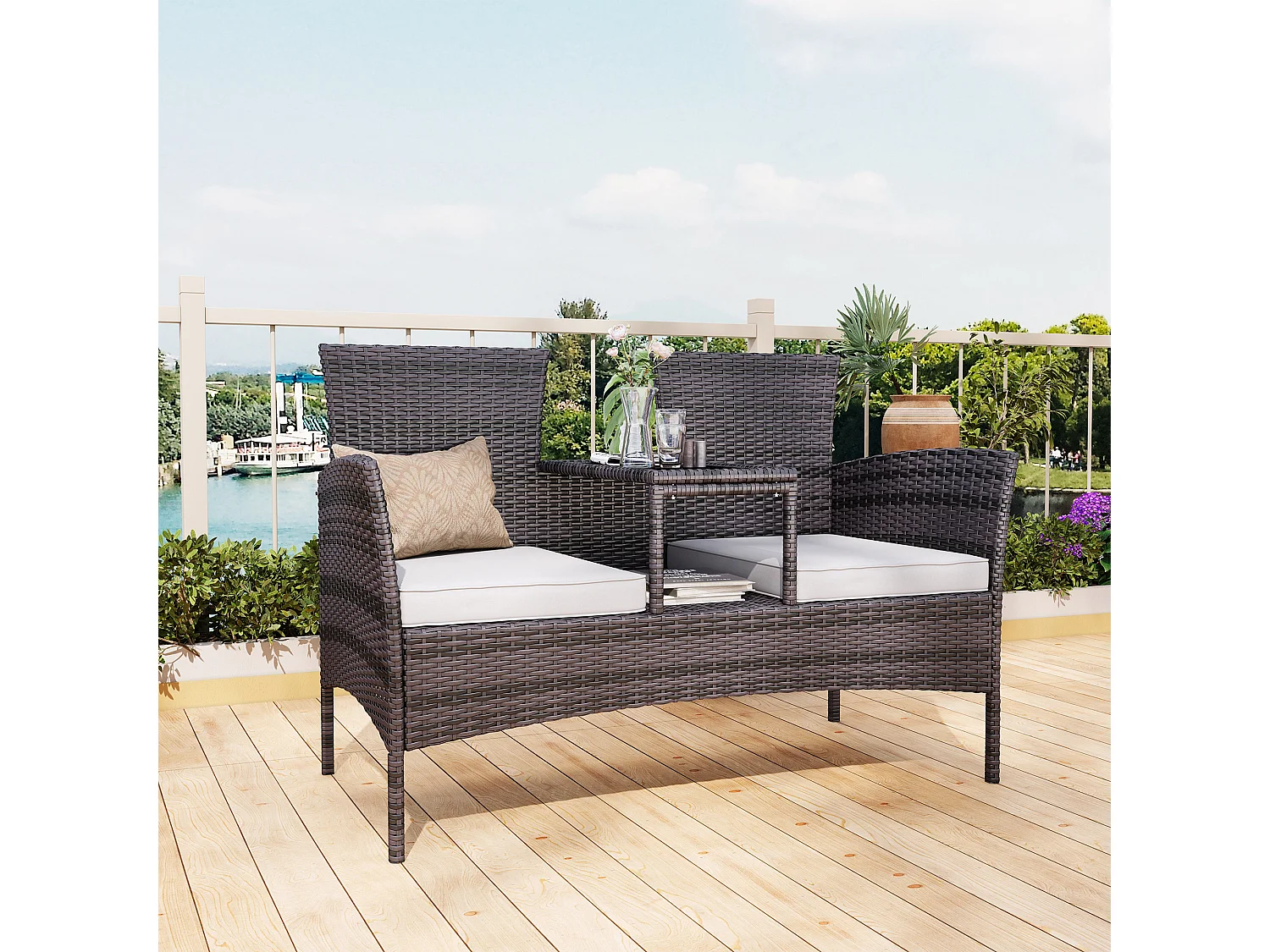 Chaise double d’extérieur en rotin avec table en verre trempé, ensemble de conversation moderne pour jardin, pelouse et arrière-cour (marron).