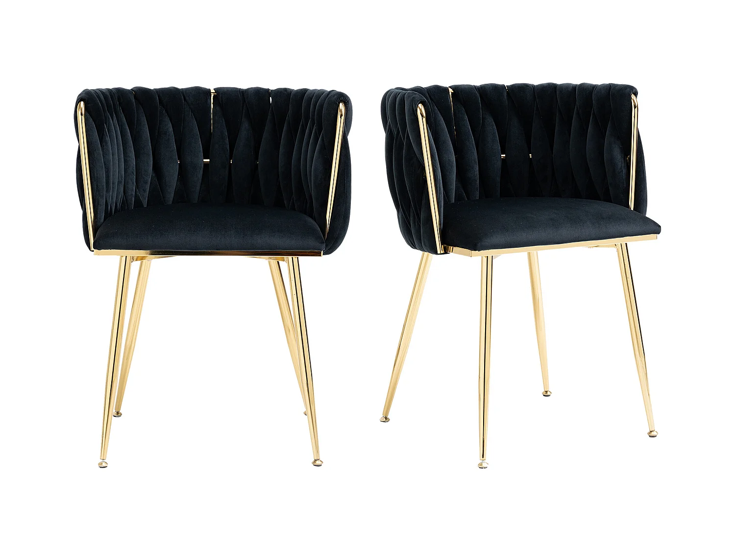 Lot de 2 Chaises Coquillage au Dossier Canné et aux Pieds Dorés - Noir - Élégance Bohème