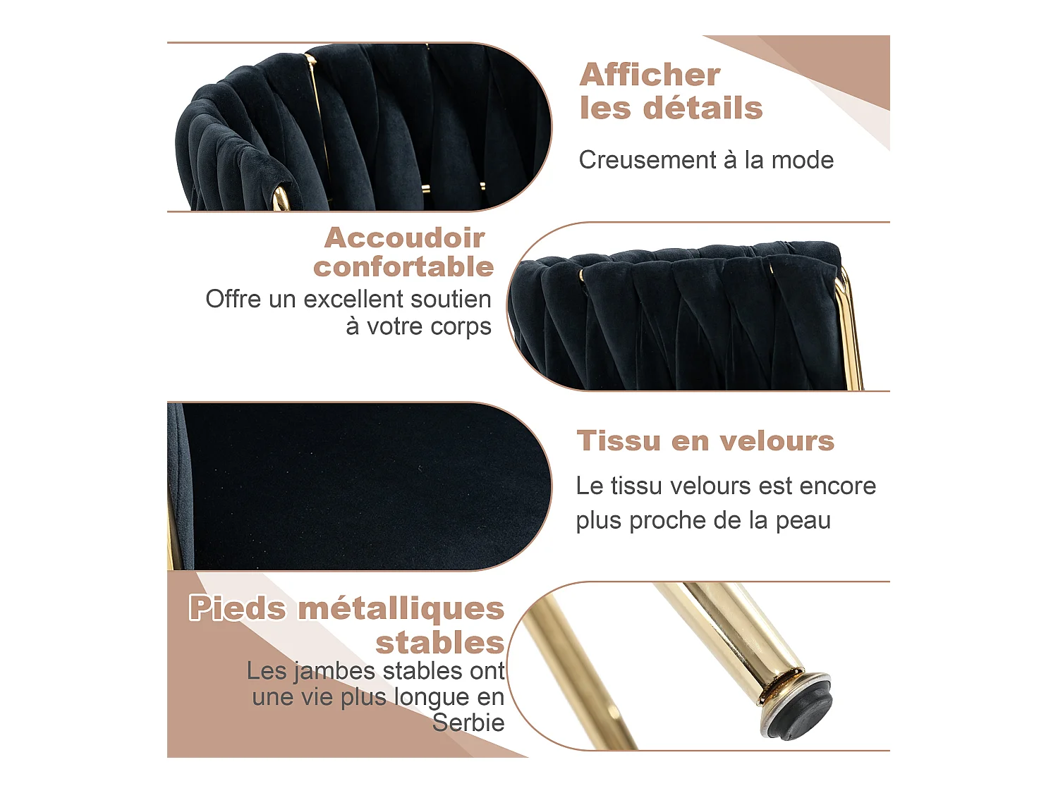 Lot de 2 Chaises Coquillage au Dossier Canné et aux Pieds Dorés - Noir - Élégance Bohème