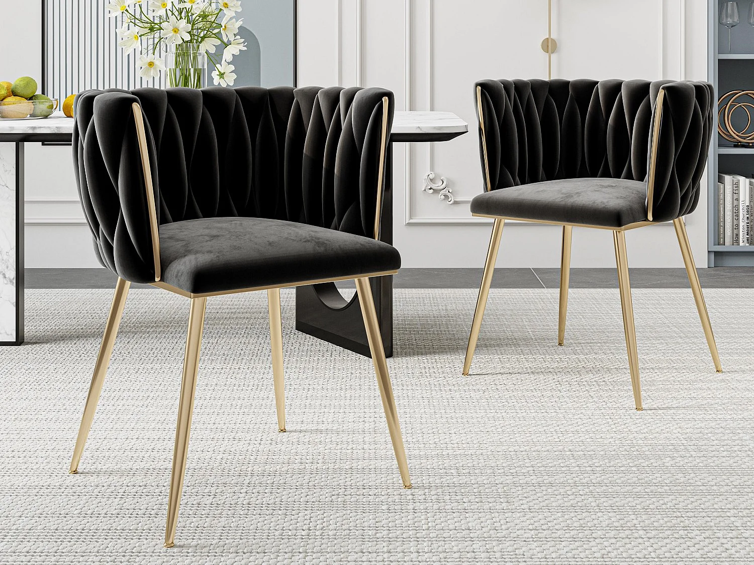 Lot de 2 Chaises Coquillage au Dossier Canné et aux Pieds Dorés - Noir - Élégance Bohème