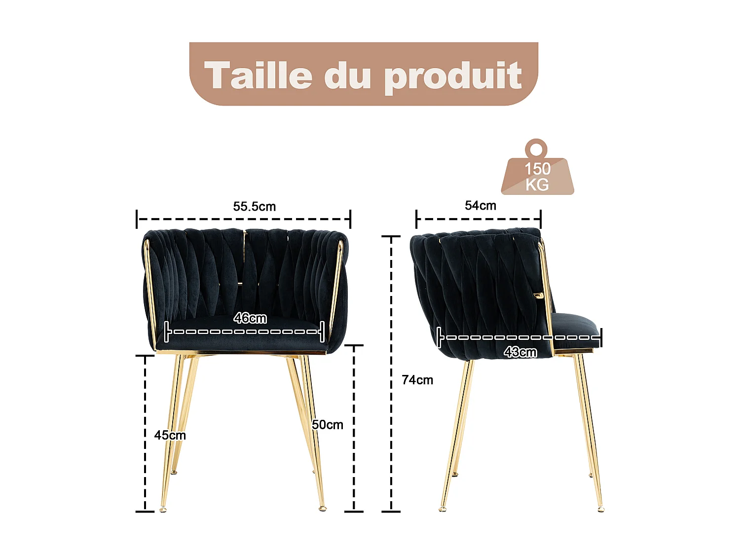 Lot de 2 Chaises Coquillage au Dossier Canné et aux Pieds Dorés - Noir - Élégance Bohème