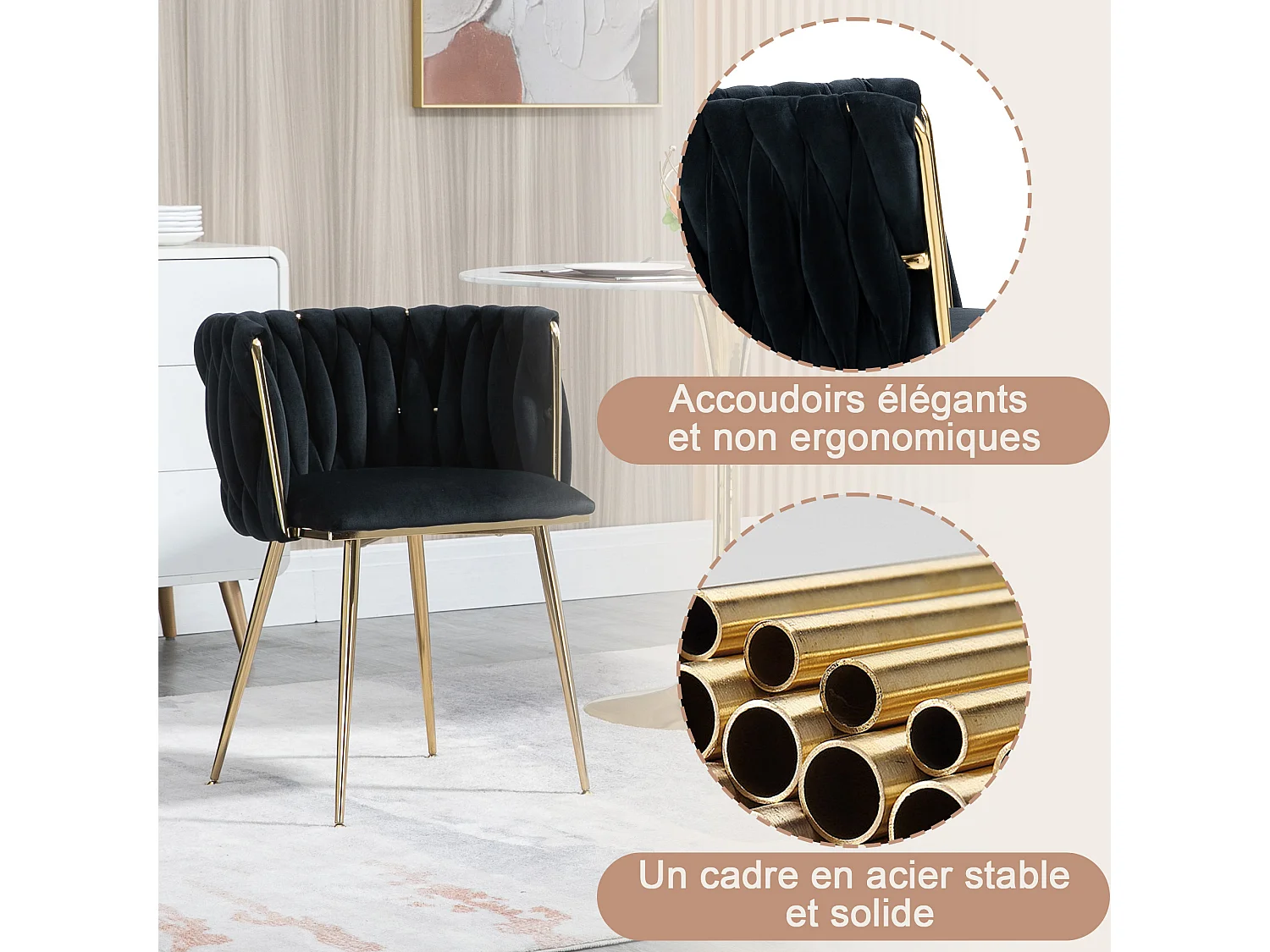 Lot de 2 Chaises Coquillage au Dossier Canné et aux Pieds Dorés - Noir - Élégance Bohème