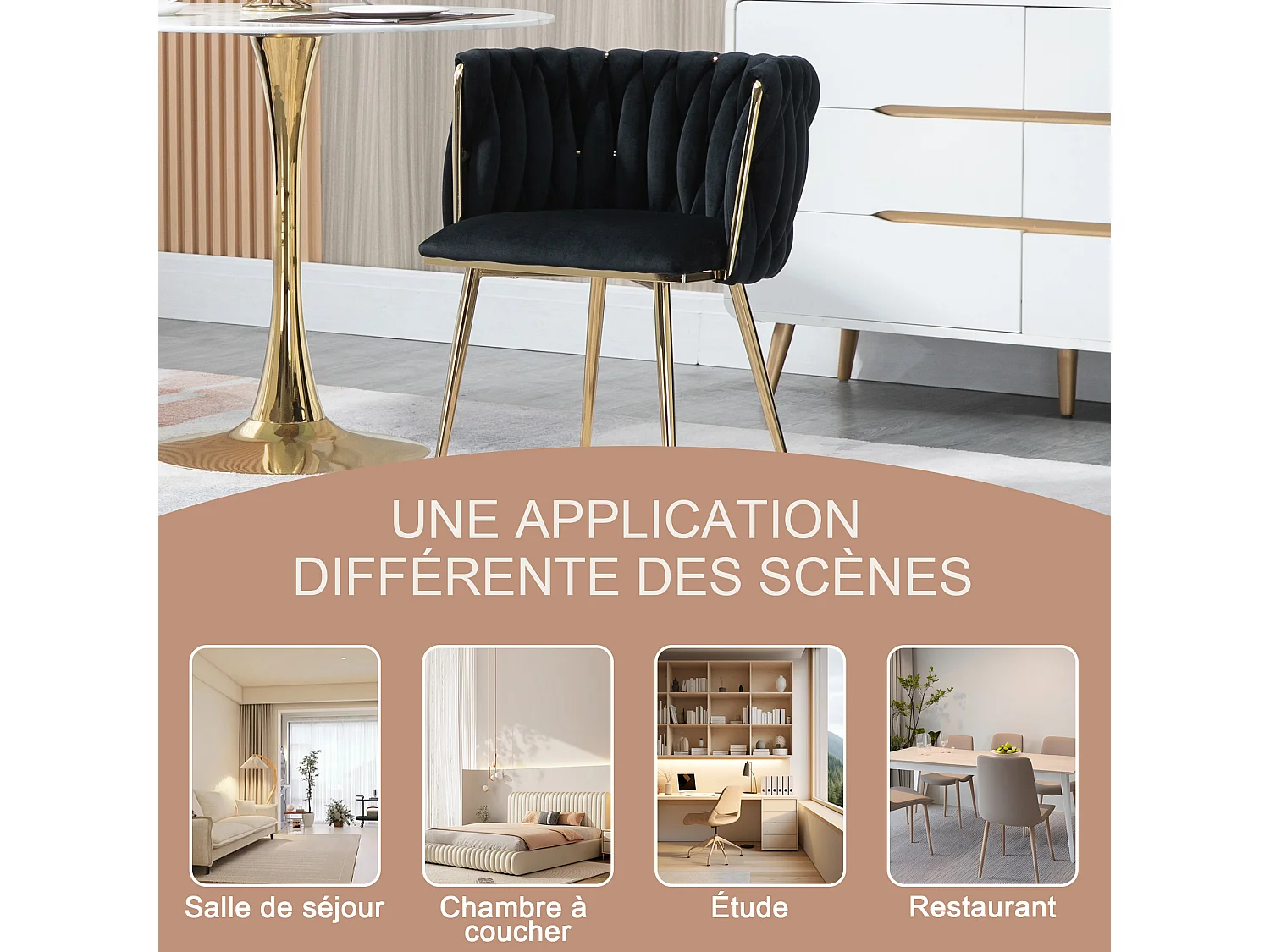 Lot de 2 Chaises Coquillage au Dossier Canné et aux Pieds Dorés - Noir - Élégance Bohème