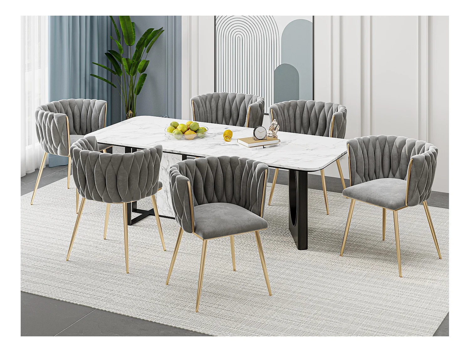 Lot de 6 Chaises Coquillage au Dossier Canné et aux Pieds Dorés - Gris - Élégance Bohème
