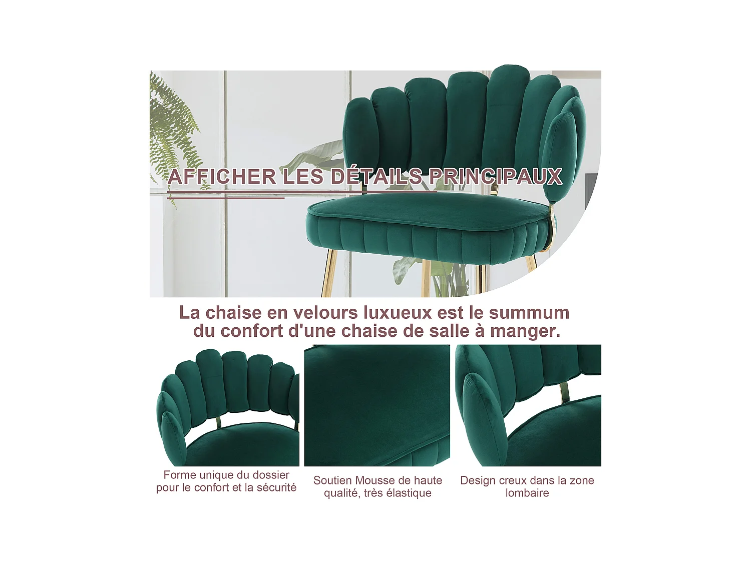 Lot de 4 chaises en velours vert - dossier avec motif pétale découpé - idéal pour salle à manger ou salon moderne
