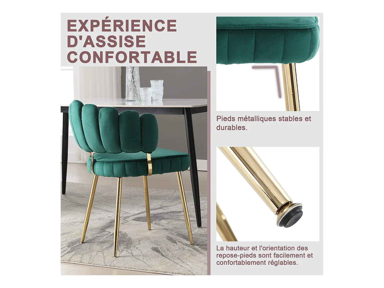 Lot de 4 chaises en velours vert - dossier avec motif pétale découpé - idéal pour salle à manger ou salon moderne