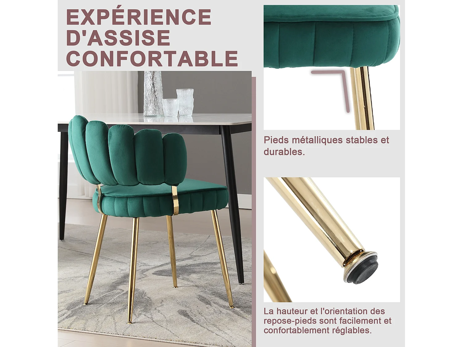 Lot de 4 chaises en velours vert - dossier avec motif pétale découpé - idéal pour salle à manger ou salon moderne