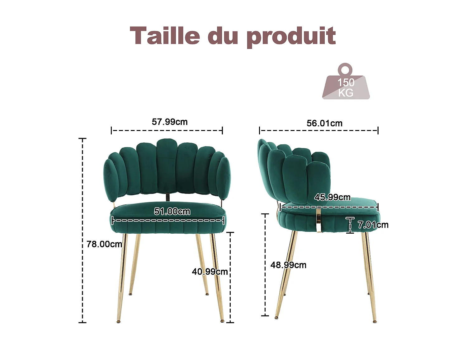 Lot de 4 chaises en velours vert - dossier avec motif pétale découpé - idéal pour salle à manger ou salon moderne