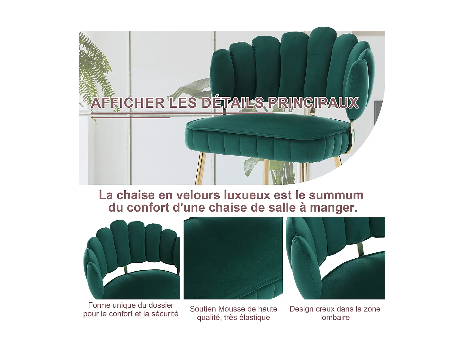 Lot de 4 chaises en velours vert - dossier avec motif pétale découpé - idéal pour salle à manger ou salon moderne