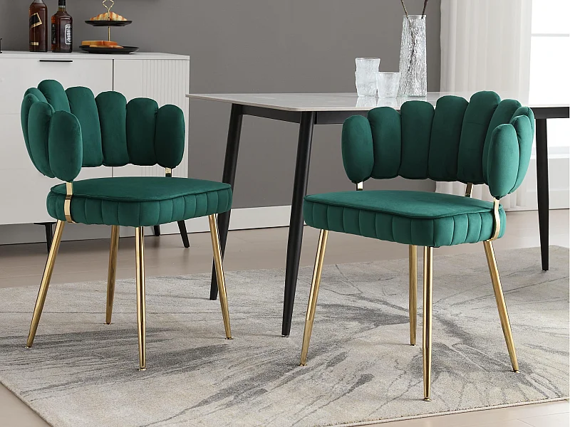 Lot de 2 chaises en velours vert - dossier avec motif pétale découpé - idéal pour salle à manger ou salon moderne
