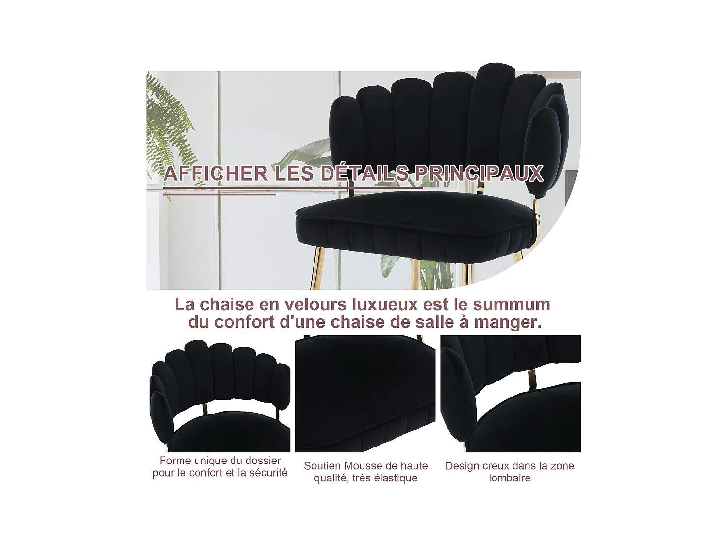 Lot de 4 chaises en velours noir - dossier avec motif pétale découpé - idéal pour salle à manger ou salon moderne