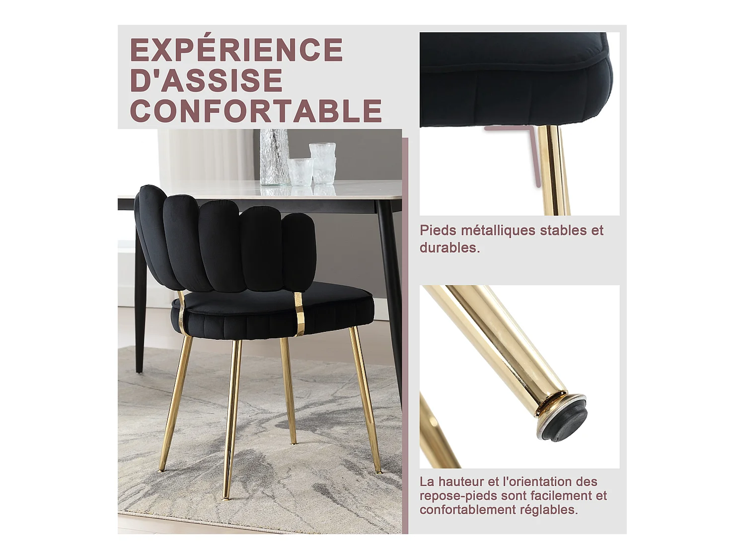 Lot de 4 chaises en velours noir - dossier avec motif pétale découpé - idéal pour salle à manger ou salon moderne