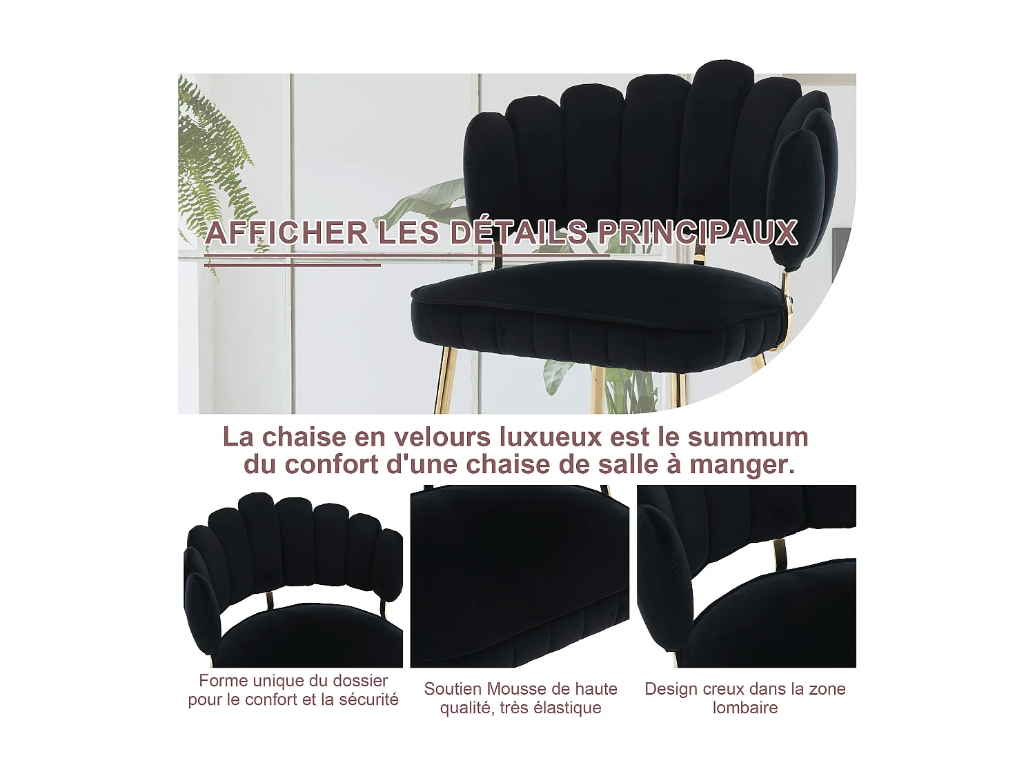 Lot de 4 chaises en velours noir - dossier avec motif pétale découpé - idéal pour salle à manger ou salon moderne