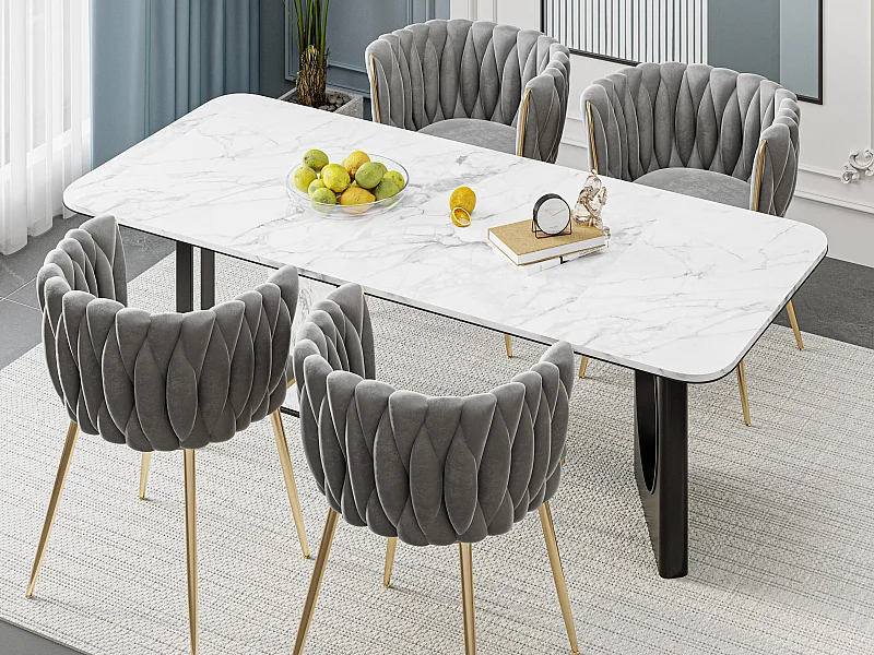 Lot de 4 Chaises Coquillage au Dossier Canné et aux Pieds Dorés - Gris - Élégance Bohème