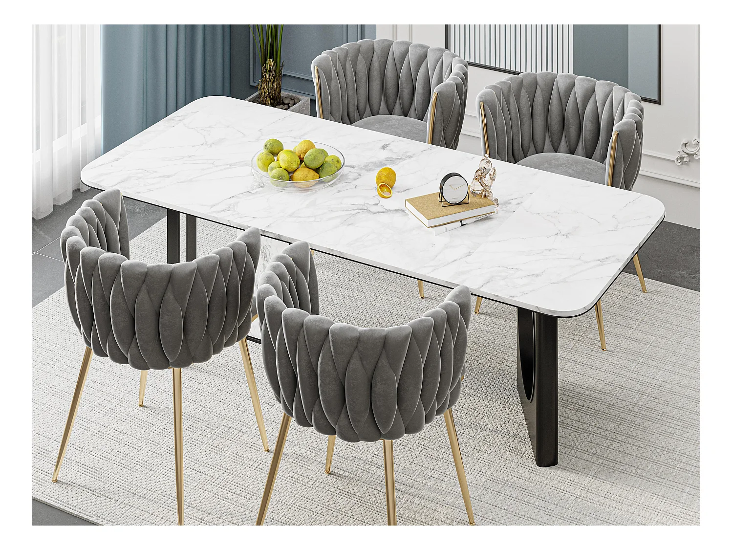Lot de 4 Chaises Coquillage au Dossier Canné et aux Pieds Dorés - Gris - Élégance Bohème