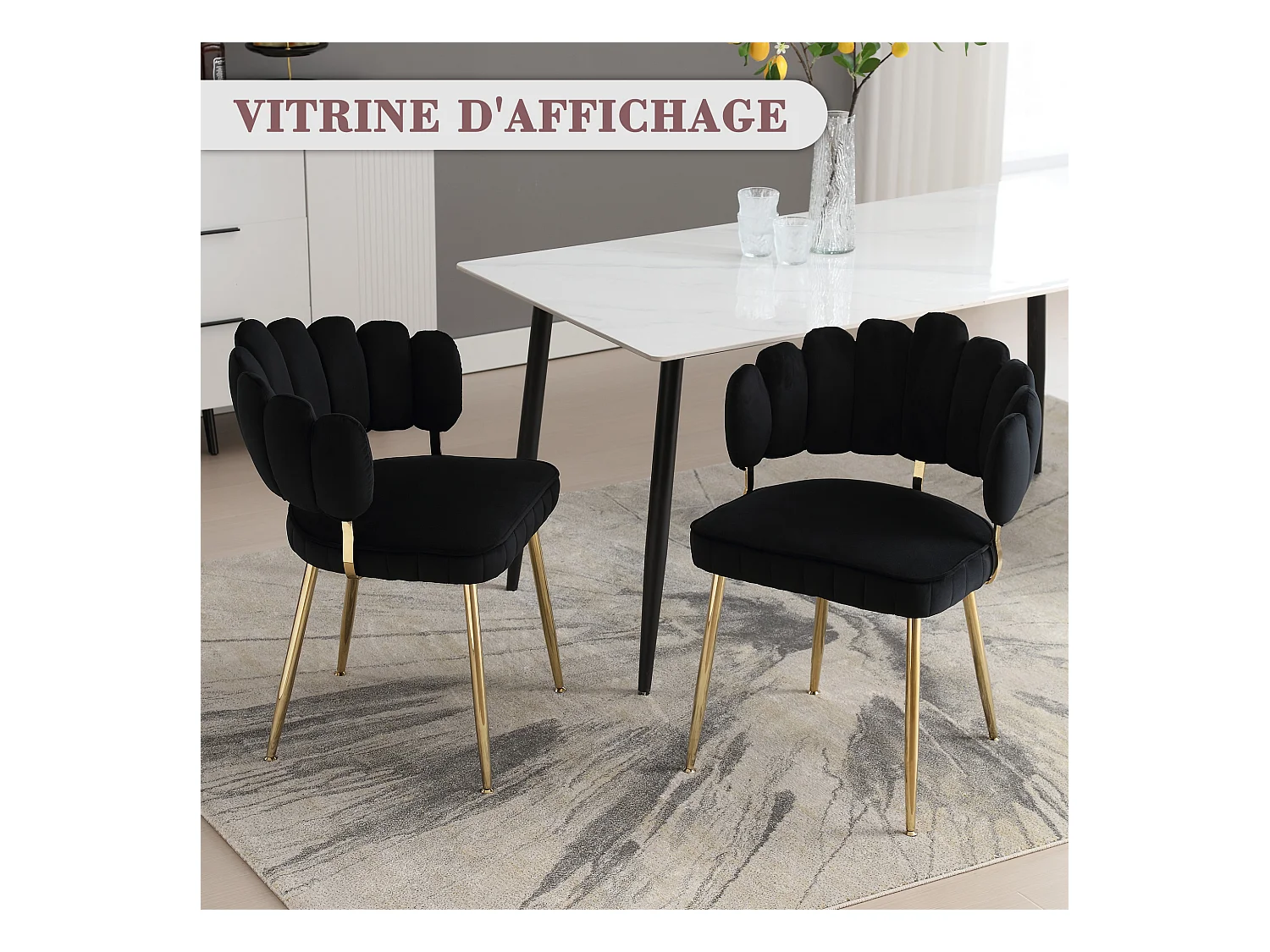 Lot de 2 chaises en velours noir - dossier avec motif pétale découpé - idéal pour salle à manger ou salon moderne